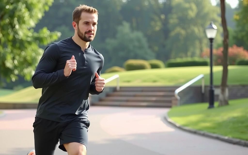 Un uomo energico che fa jogging all'aperto, simboleggiando vitalità e benessere maschile.