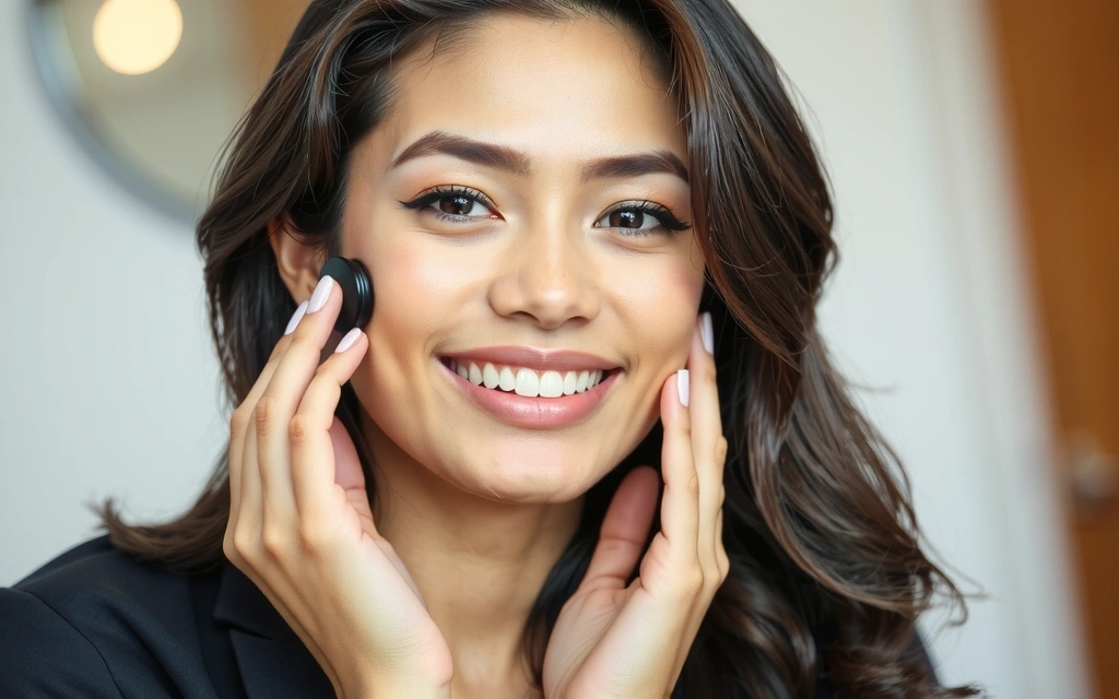 Una donna sorridente che applica un cosmetico, con un focus sulla sua pelle luminosa.