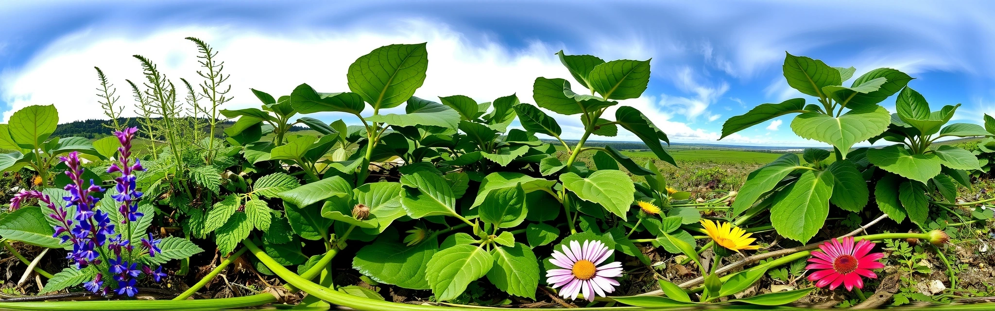 Paesaggio naturale con erbe officinali e fiori, simbolo di benessere e bellezza naturale