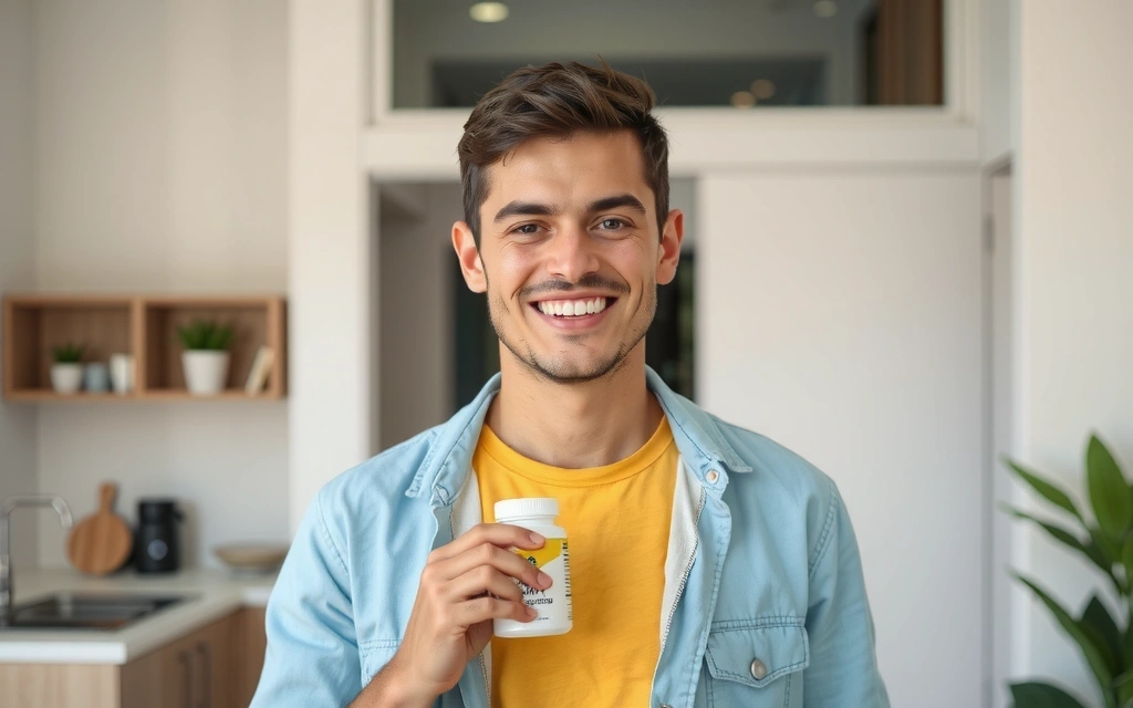 Uomo sorridente e in salute, con un integratore vitaminico in mano