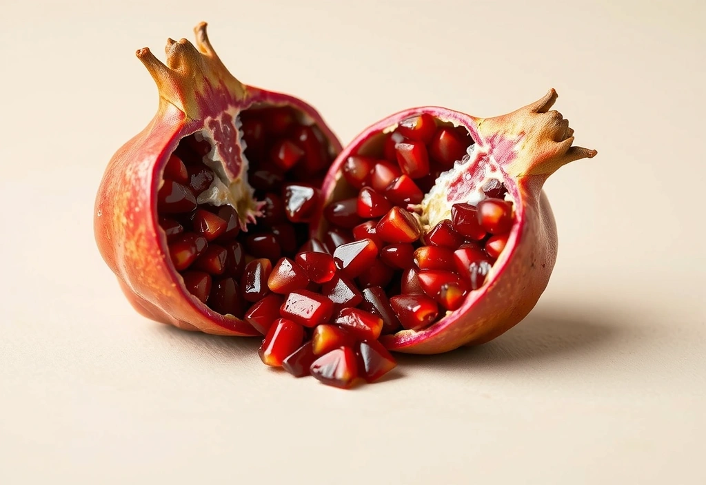 Frutti di Melograno maturi aperti, che mostrano i semi rossi lucidi, con goccioline d'acqua che riflettono la luce.