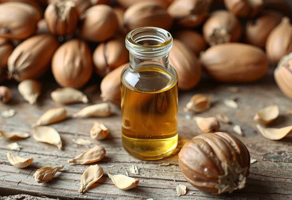 Primo piano di una bottiglia di olio di Argan dorato con noccioli di Argan e fiori secchi sullo sfondo.