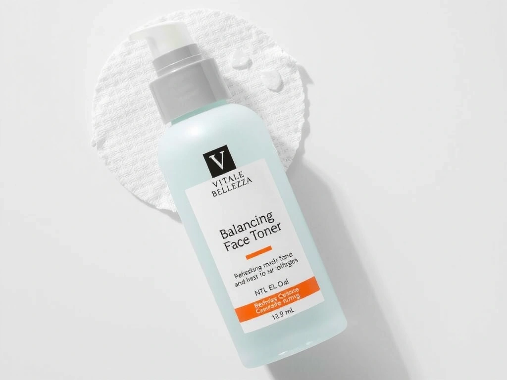 Tonico Viso Equilibrante VitaleBellezza, un flacone blu chiaro con un panno di cotone e goccioline d'acqua.